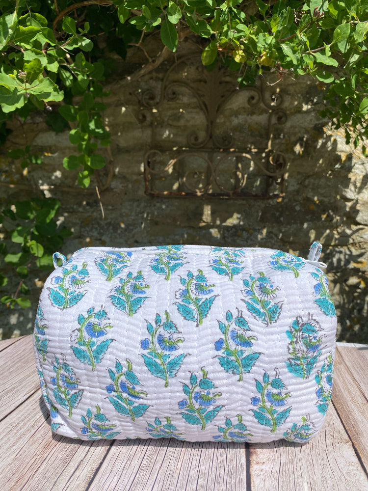 Hand Block Printed Quilted Cotton Wash Bag Set - Basanti Bloom