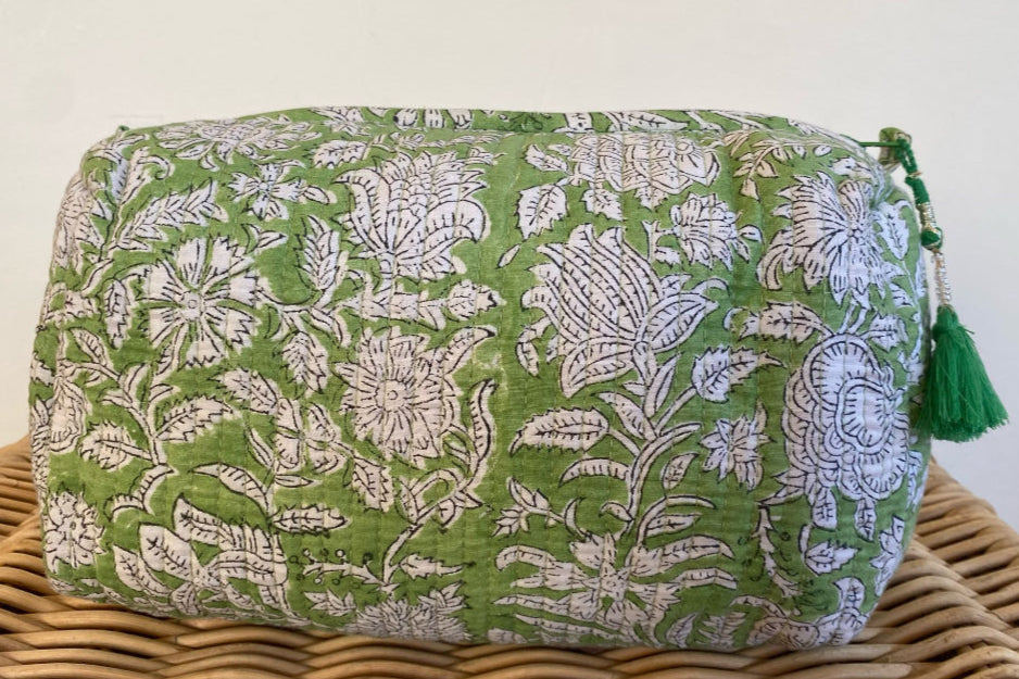 Hand Block Printed Quilted Cotton Wash Bag Set - Verdant Bloom