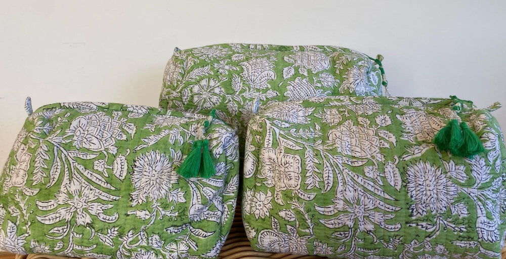 Hand Block Printed Quilted Cotton Wash Bag Set - Verdant Bloom
