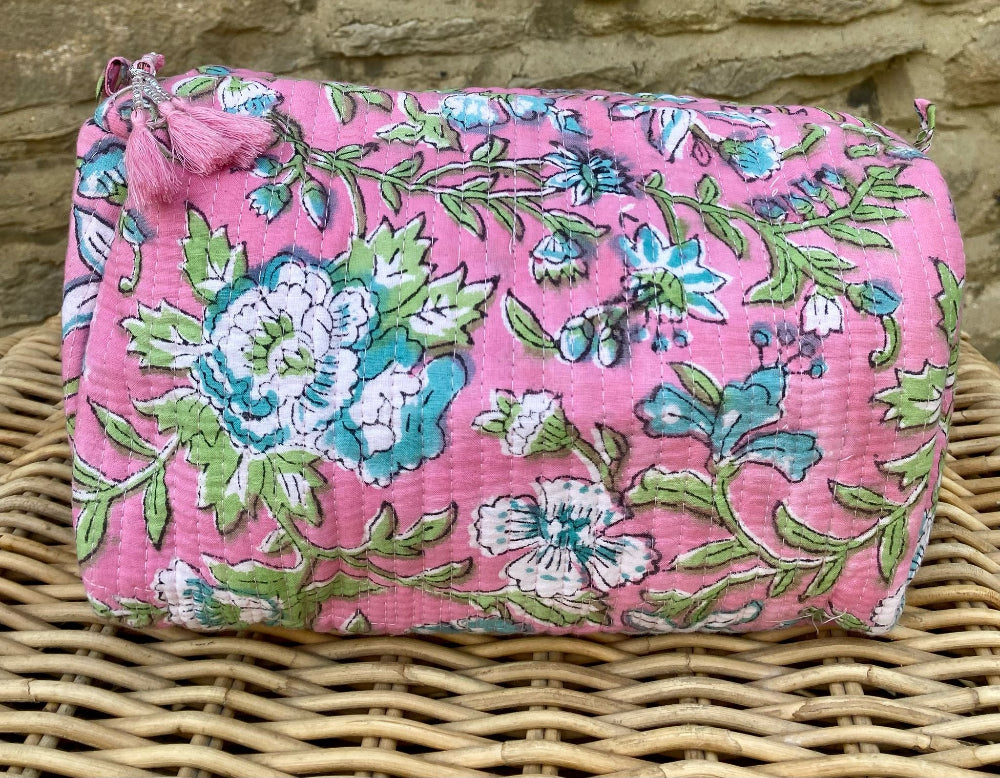 Hand Block Printed Quilted Cotton Wash Bag Set - Rosa Verde