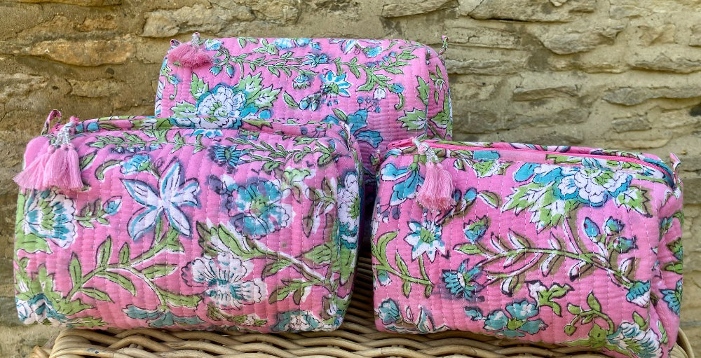 Hand Block Printed Quilted Cotton Wash Bag Set - Rosa Verde