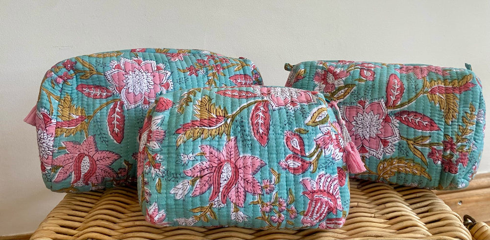 Hand Block Printed Quilted Cotton Wash Bag Set - Aqua Bloom
