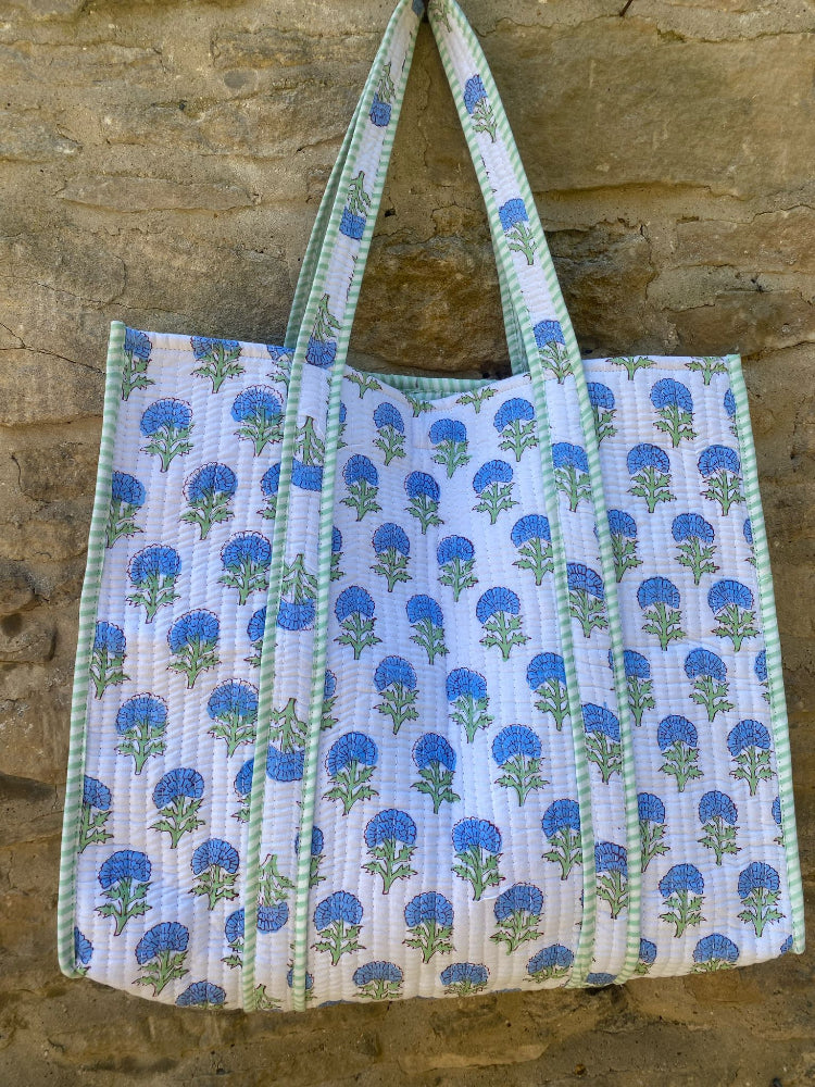 Block Printed Quilted Tote Bag - Jaipur Blue