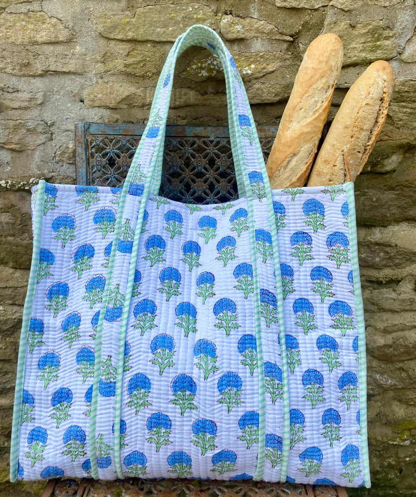 Block Printed Quilted Tote Bag - Jaipur Blue